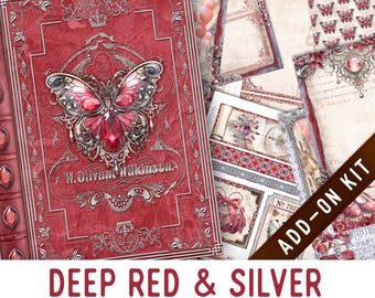 Deep Red & Silver Junk Journal Kit ADD-ON, Printable Junk Journal Pages Journal Kit Craft kits Vintage Junk Journal 003613