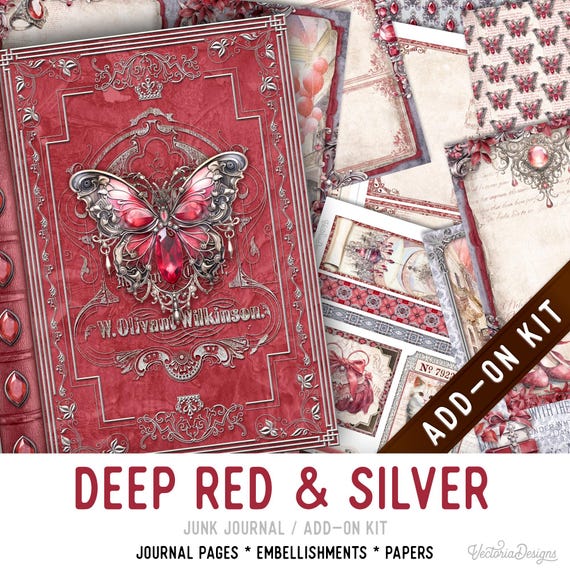 Deep Red Silver Junk Journal Kit ADD-ON, Printable Pages Embellishments Papers - 003613