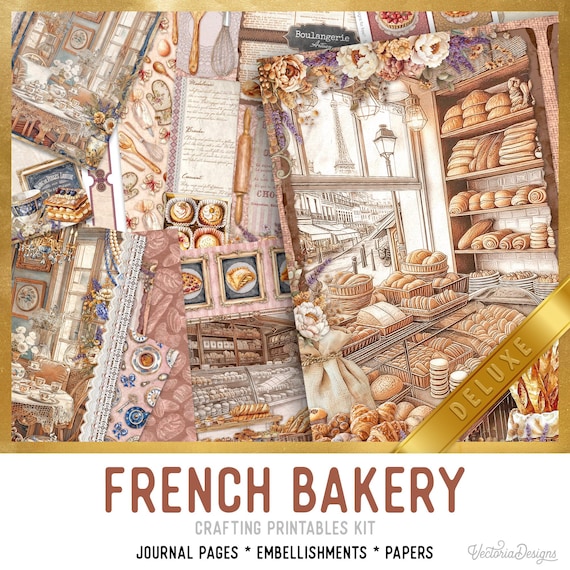 French Bakery Junk Journal Kit (DELUXE) - Printable Pages, Papers and Embellishments for Crafting - 003960