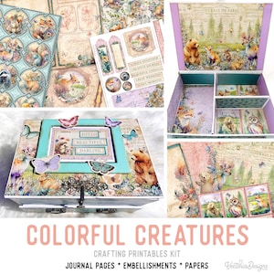 Cute Animals Junk Journal Kit Colorful Creatures Crafting Printables Kit Animals Embellishments Printable Paper Craft Kits Tutorial 002919