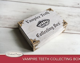 Printable vampire hunter teeth crafting box for Halloween party. Do it yourself paper collecting box 001697