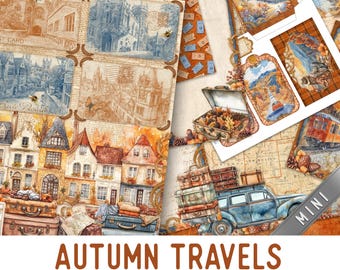 Autumn Travels Junk Journal Kit MINI, Autumn Crafting Printables Autumn Travel Embellishments Paper Autumn Junk Journal 003858