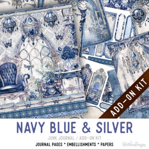 Navy Blue & Silver Junk Journal Kit ADD-ON, Printable Junk Journal Pages Journal Kit Craft kits Vintage Junk Journal 003573