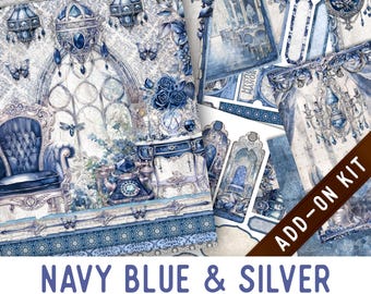Navy Blue & Silver Junk Journal Kit ADD-ON, Printable Junk Journal Pages Journal Kit Craft kits Vintage Junk Journal 003573