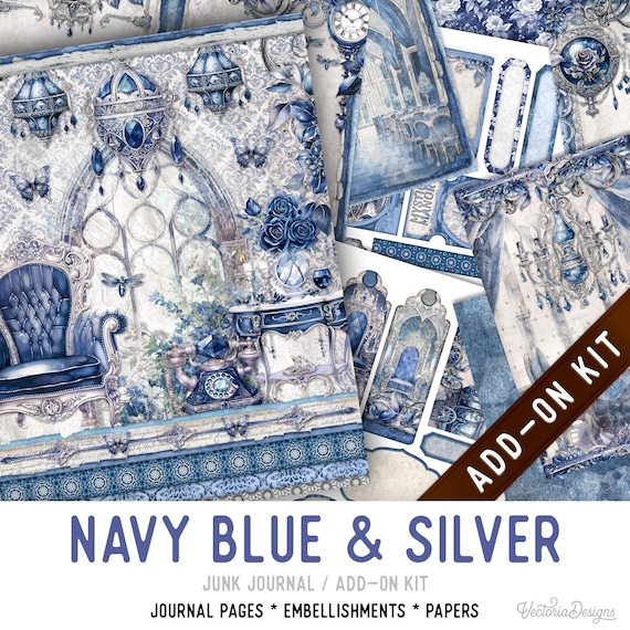 Navy Blue Silver Junk Journal Add-On Kit, Printable Pages Embellishments Papers - 003573
