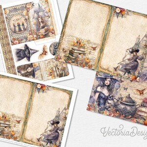 Puede incluir: Un conjunto de papeles digitales imprimibles con una bruja, un caldero, libros y una est&eacute;tica vintage. Los papeles son perfectos para scrapbooking, creaci&oacute;n de tarjetas y otros proyectos de manualidades.