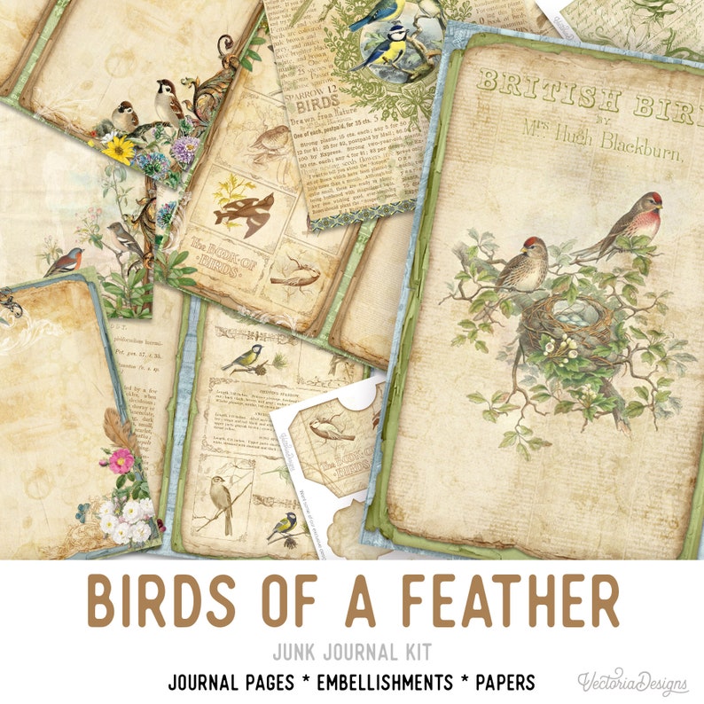 Birds of a Feather Junk Journal Kit, Printable Junk Journal Kit, Birds Junk Journal Birds Embellishments Birds Papers Craft kits DIY 002378 image 1