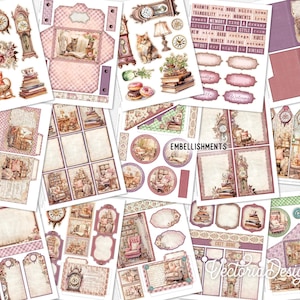 May include: A digital scrapbook paper kit with a vintage, cottagecore aesthetic. The kit features a variety of images, including a clock, books, a rocking chair, a cat, and a donut. The kit also includes several decorative elements, such as frames, tags, and borders. The kit is perfect for creating digital scrapbook pages, cards, and other paper crafts.