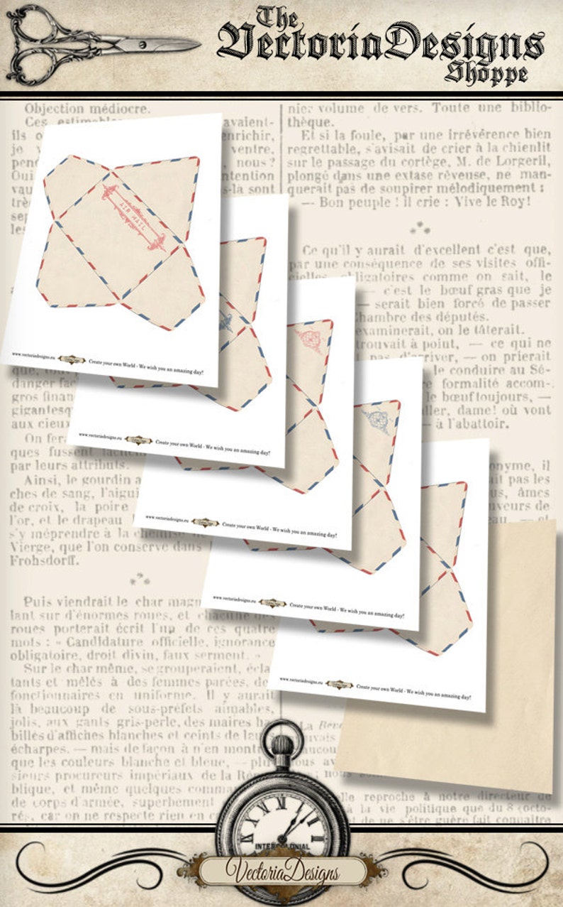 May include: Printable vintage-style envelope template with red, white, and blue accents. The envelope is folded and ready to be cut out and assembled. The text on the envelope reads "Air Mail".