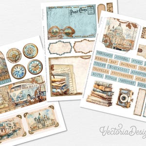 May include: A collection of vintage-style paper ephemera featuring travel-themed illustrations. Includes postcards, labels, tags, and decorative elements with images of clocks, buildings, and a classic VW bus. The color palette is primarily blue, beige, and brown.