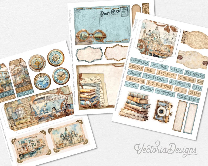 May include: A collection of vintage-style paper ephemera featuring travel-themed illustrations. Includes postcards, labels, tags, and decorative elements with images of clocks, buildings, and a classic VW bus. The color palette is primarily blue, beige, and brown.