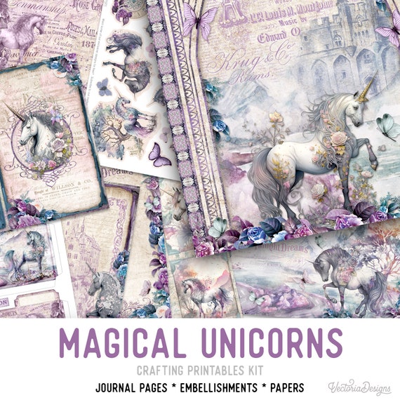 Magical Unicorns Junk journal Kit (Standard) - Printable Pages, Papers and Embellishments for Crafting - 002945