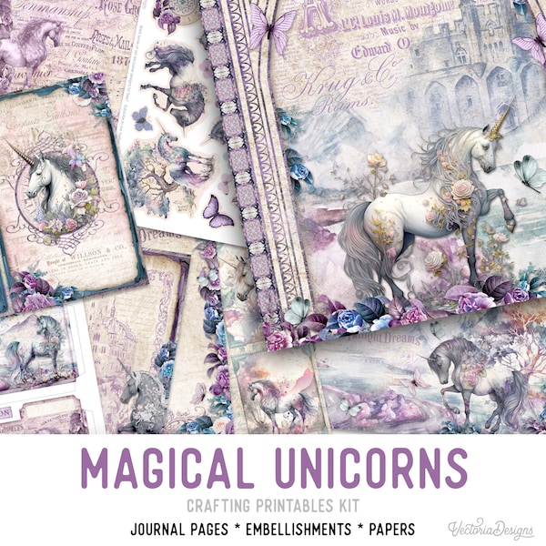 Magical Unicorns Junk journal Kit Crafting Printables Kit Unicorn Junk Journal Unicorn Embellishments Unicorn Paper Craft Kits DIY - 002945