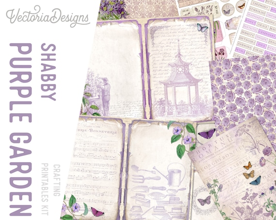 Shabby Purple Garden Junk Journal Kit - Printable Pages, Papers and Embellishments for Crafting - 002329