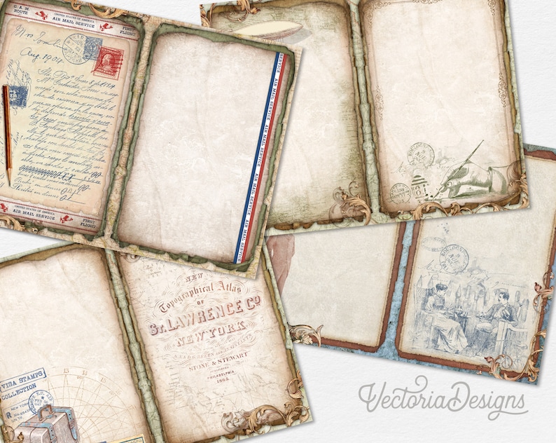 May include: A collection of vintage-style scrapbook paper sheets with aged edges and decorative borders. The papers feature faded colors, postage stamps, handwritten script, and travel-themed illustrations. Some sheets have text that reads "Air Mail Service" and "Topographical Atlas".