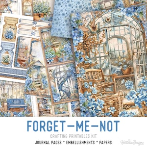 Forget-Me-not Junk Journal Kit, Flower Crafting Printables Blue Flower Embellishments Printable Paper Vintage Junk Journal Floral 003518