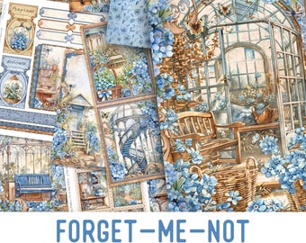 Forget-Me-not Junk Journal Kit, Flower Crafting Printables Blue Flower Embellishments Printable Paper Vintage Junk Journal Floral 003518