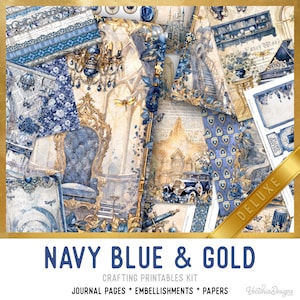 Navy Blue and Gold Junk Journal Kit DELUXE, Blue Gold Crafting Printables Kit Blue Embellishments Gold Printable Paper Craft Kit 003413