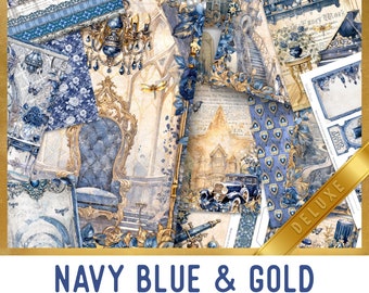 Navy Blue and Gold Junk Journal Kit DELUXE, Blue Gold Crafting Printables Kit Blue Embellishments Gold Printable Paper Craft Kit 003413