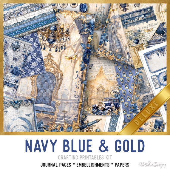 Navy Blue and Gold Junk Journal Kit (DELUXE) - Printable Pages, Papers and Embellishments for Crafting - 003413
