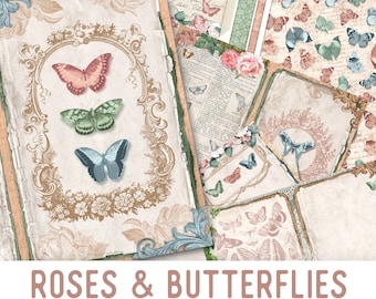 Roses & Butterflies Junk Journal Kit, Printable Embellishments, Rose Junk Journal Kit, DIY Craft kits, Printable Junk Journal Kit - 002613