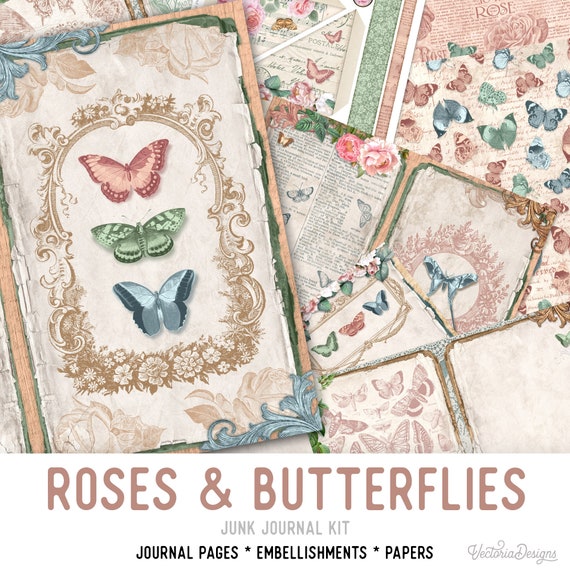 Roses & Butterflies Junk Journal Kit - Printable Pages for Crafting - 002613