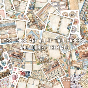 Puede incluir: Una colecci&oacute;n de papeles de 28 cm de alto con un tema de cocina vintage. Los papeles incluyen varios dise&ntilde;os con im&aacute;genes de utensilios de cocina, comida y una mujer con un vestido azul. El texto "YES, THESE ARE ALL 11" TALL PAPERS AND YOU GET THEM ALL" es visible en el centro de la imagen.