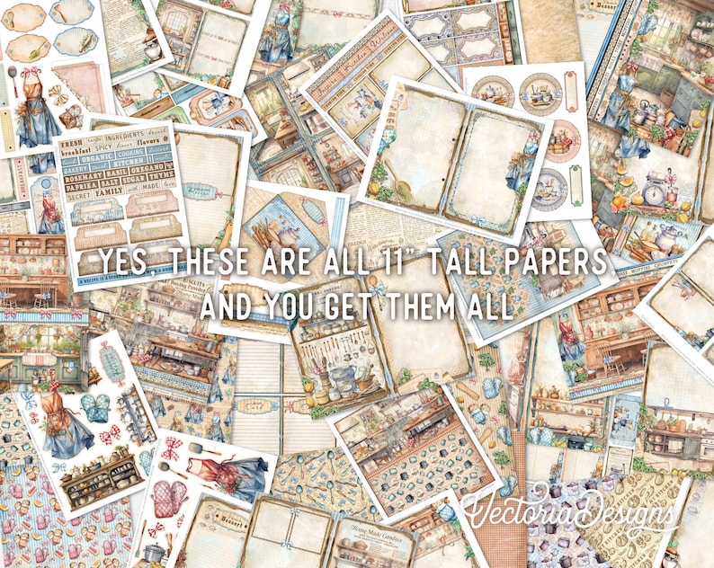 Puede incluir: Una colecci&oacute;n de papeles de 28 cm de alto con un tema de cocina vintage. Los papeles incluyen varios dise&ntilde;os con im&aacute;genes de utensilios de cocina, comida y una mujer con un vestido azul. El texto "YES, THESE ARE ALL 11" TALL PAPERS AND YOU GET THEM ALL" es visible en el centro de la imagen.