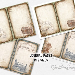 May include: Vintage-style journal pages in two sizes. The pages feature a distressed, aged appearance with illustrations of a hot air balloon, a steamer trunk, and a vintage vehicle. The text "JOURNAL PAGES IN 2 SIZES" is visible.