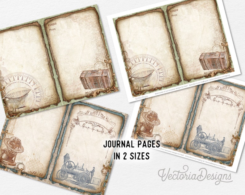 May include: Vintage-style journal pages in two sizes. The pages feature a distressed, aged appearance with illustrations of a hot air balloon, a steamer trunk, and a vintage vehicle. The text "JOURNAL PAGES IN 2 SIZES" is visible.