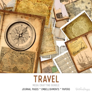 Travel Journal Pack, Printable Paper Pack, Travel Bundle, Junk Journal, Digital Paper, Travel Labels, Travel Tags, Travel Tickets 001959