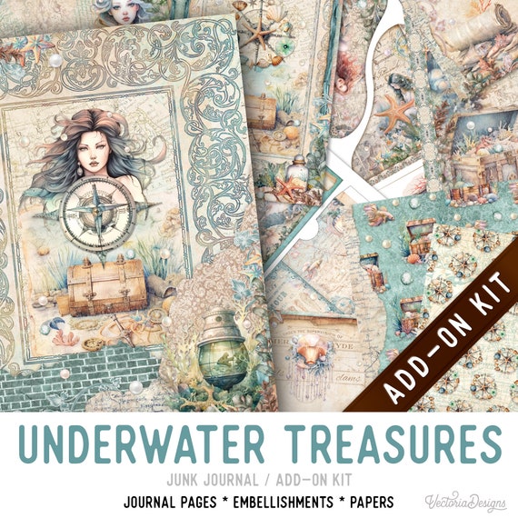 Underwater Treasures Junk Journal Kit ADD-ON, Printable Craft kit with Journal Pages, Embellishments and Papers - 003345