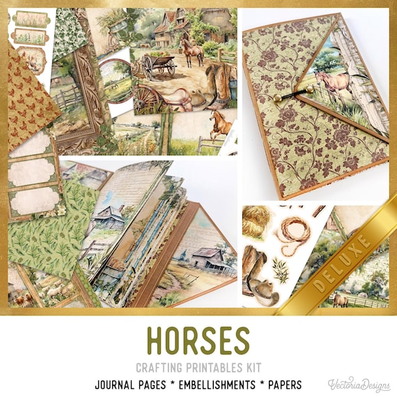Horses Junk Journal Kit DELUXE - Printable Pages, Papers and Embellishments for Crafting - 003731