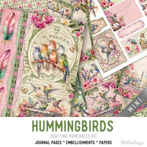Hummingbirds Junk Journal Kit MINI, Hummingbirds Crafting Printables Kit Embellishments Printable Hummingbirds Paper Craft Kit - 003369