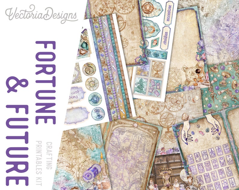 Fortune & Future Crafting Printables Kit, Printable Fortune Teller Junk Journal, Embellishments, Printable Craft Kit, Scrapbook Paper 002826 image 7