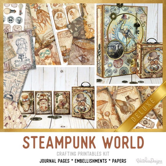 Steampunk World Crafting Printables Kit DELUXE, Steampunk Embellishments, Steampunk Journal Kit, Craft Kits, Printable Journal - 002622