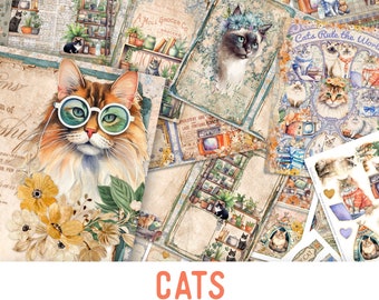 Cats Junk journal Kit Crafting Printables Kit Junk Journal Cats Embellishments Cats Paper Pack Cats Craft Kits Cat Junk Journal DIY 003023