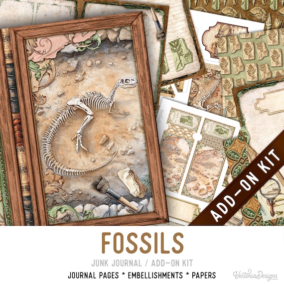 Fossils Junk Journal Kit ADD-ON, Printable Pages Embellishments Papers - 003763