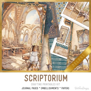 May include: A selection of crafting printables with a vintage aesthetic. The image shows journal pages, embellishments, and papers with illustrations of an old library, a lantern, and script. The text "SCRIPTORIUM" is displayed at the bottom.