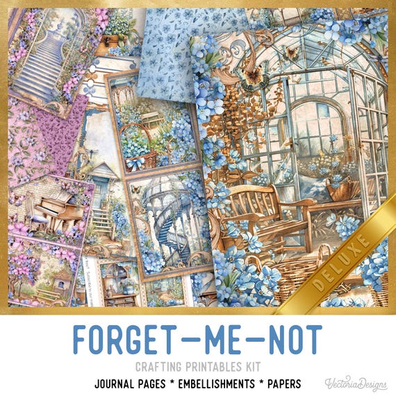 Forget-Me-Not DELUXE Junk Journal Kit - Printable Pages, Papers and Embellishments for Crafting - 003704