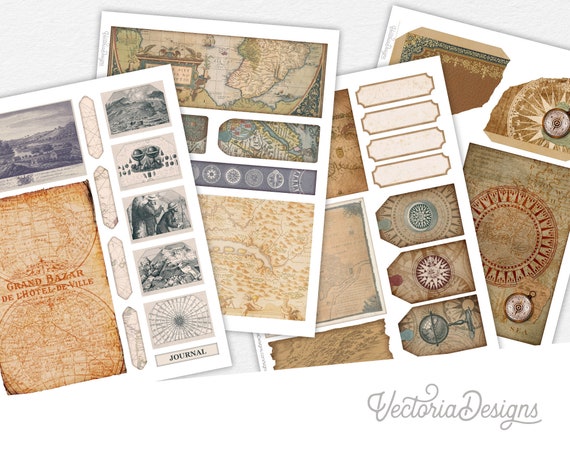 Cartographer's Journal Scrapbook Set, Printable Embellishment Sheets,  Digital Paper Crafting Supplies, Vintage Ephemera, Junk Journal 002410 