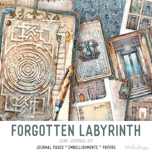 May include: A junk journal kit titled Forgotten Labyrinth featuring printed pages, embellishments, and papers with intricate maze designs, architectural door illustrations, vintage script, a fountain pen, and a postcard with the text Postcard.