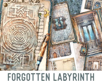 Forgotten Labyrinth Junk Journal Kit, Labyrinth Journal Kit Labyrinth Embellishments Junk Journal Papers Printable Craft kit - 003529