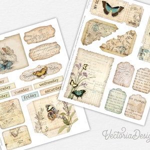 May include: A set of vintage-style digital paper with a butterfly theme. The paper features various designs, including butterflies, flowers, and text. The paper is perfect for scrapbooking, card making, and other paper crafts.