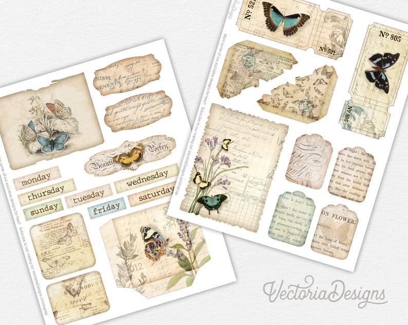 May include: A set of vintage-style digital paper with a butterfly theme. The paper features various designs, including butterflies, flowers, and text. The paper is perfect for scrapbooking, card making, and other paper crafts.
