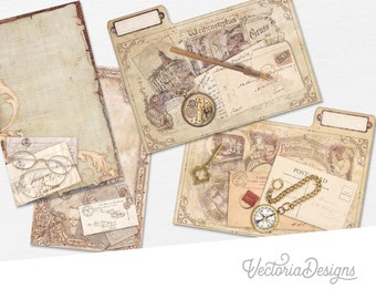 Ansichtkaarten Bestandsmappen Kit, Afdrukbare bestandsmappen, Mini-bestandsmappen, Organiseren, Kaartindex, Junk Journal-versieringen, Crafting 0025287