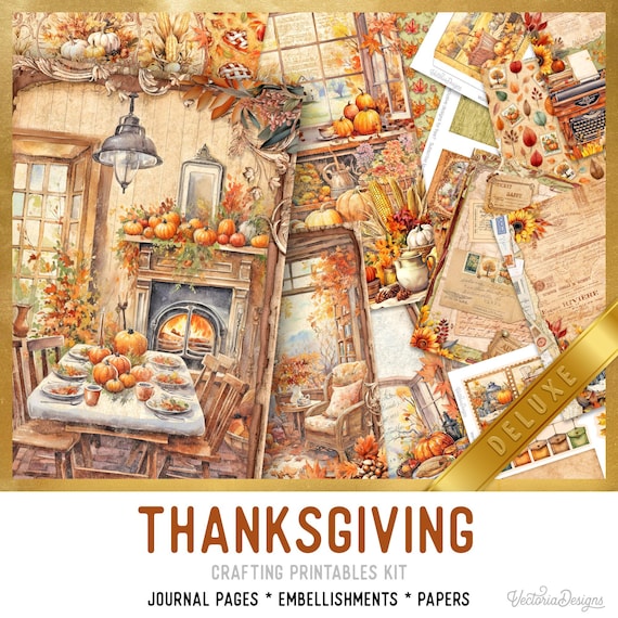 Thanksgiving Junk Journal Kit, Deluxe - Printable Pages, Papers and Embellishments for Crafting - 003550