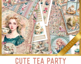 Cute Tea Party Junk journal Kit DELUXE, Tea Party Crafting Printables Kit Junk Journal Embellishments Paper Pack Tea Craft Kits Tea 003110