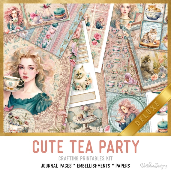 Tea Party Junk Journal Kit DELUXE - Printable Pages, Papers and Embellishments for Crafting -  003110