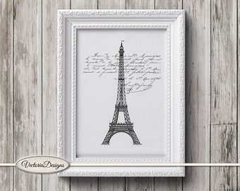 Paris print Eiffel Tower Print printable art black and white print digital print printable instant download digital collage sheet - 000342